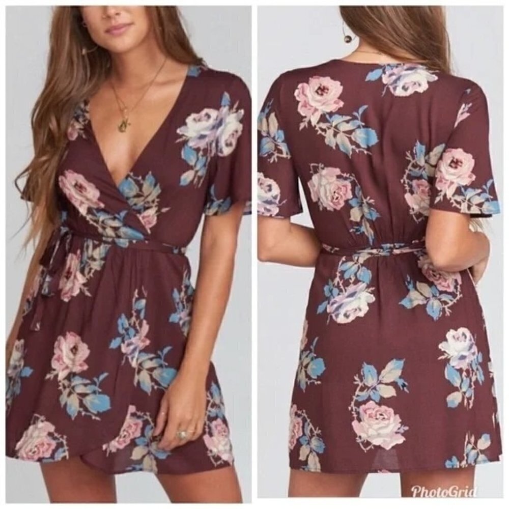 Show Me Your Mumu Burgundy Floral Wrap Mini Dress Women's Size Medium